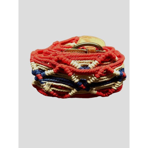 Y2K Women Crochet Braid Wide Belt 42" Red Multi Boho Hippie Round Buckle Leather - Picture 3 of 8